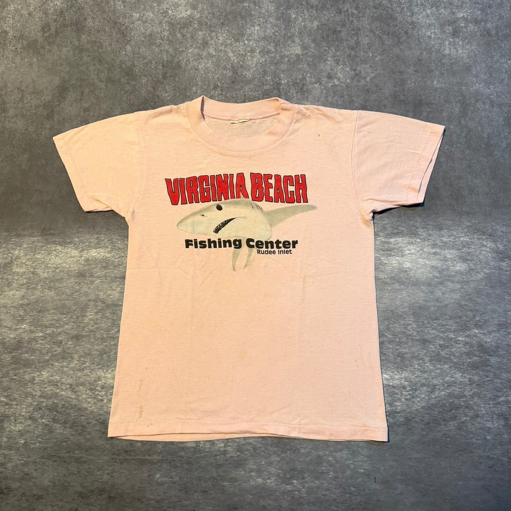 Vintage Virginia Beach Fishing Center Shark T Shirt Kids Pink Single Stitch 6-7